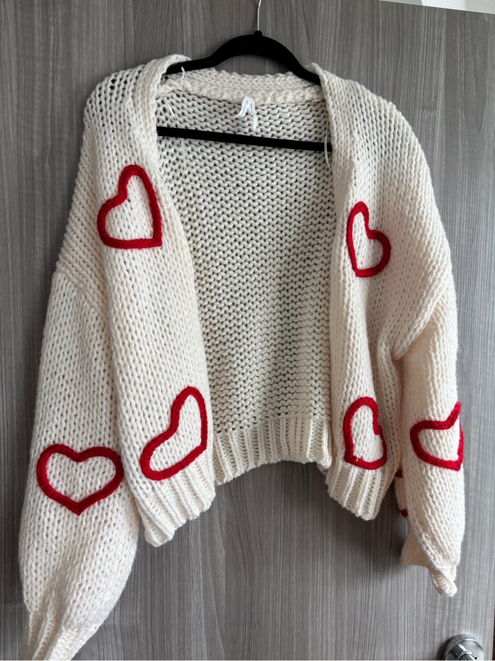 Dreamers Cream Open-Front Chunky Knit Cardigan with Red Heart Appliqués
